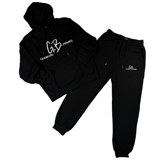 Black "Godbless Apparel" two-piece hoodie set